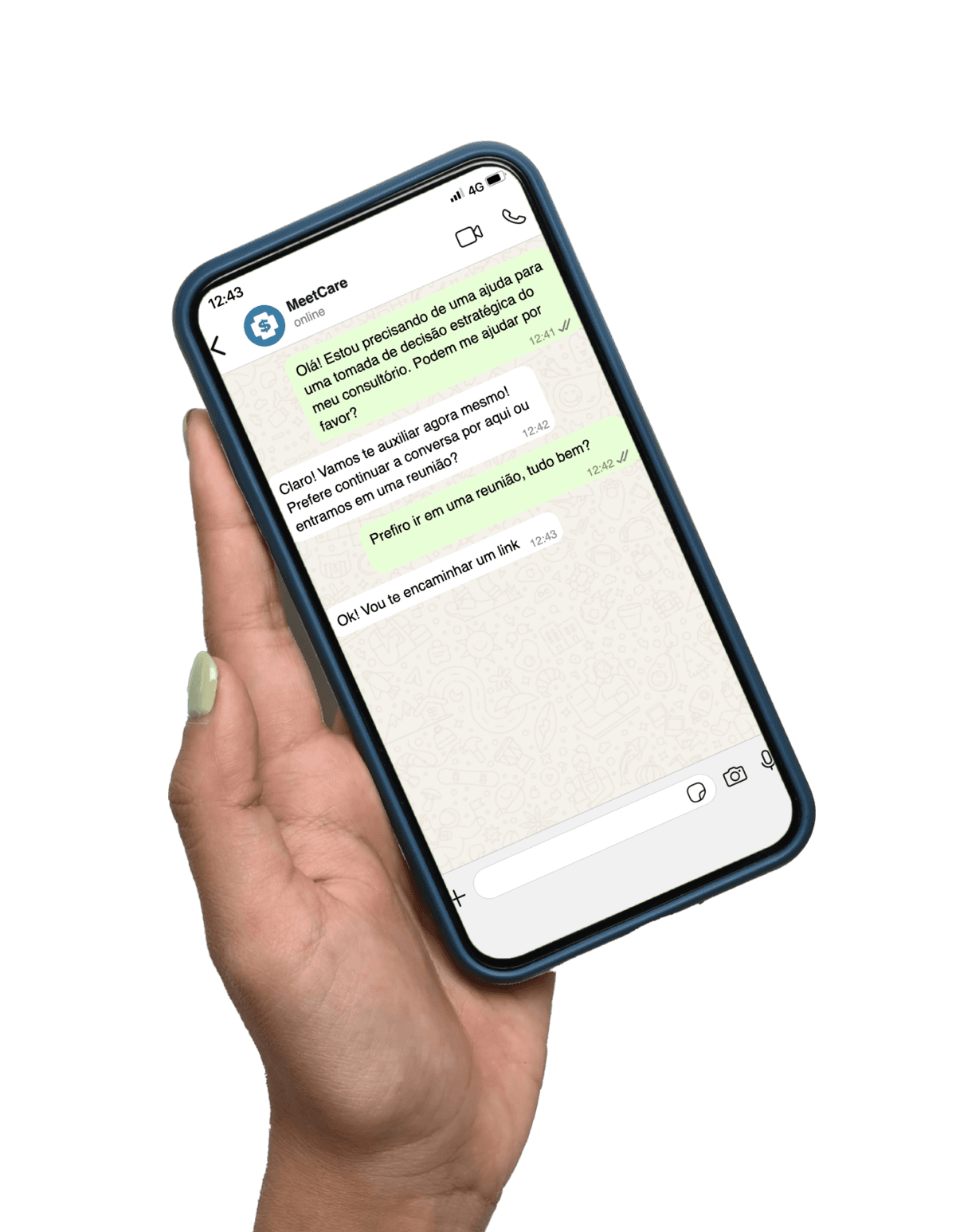 Celular com conversa no WhatsApp com a MeetCare